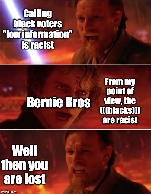 From my point of view | Calling black voters "low information" is racist; From my point of view, the (((blacks))) are racist; Bernie Bros; Well then you are lost | image tagged in from my point of view | made w/ Imgflip meme maker