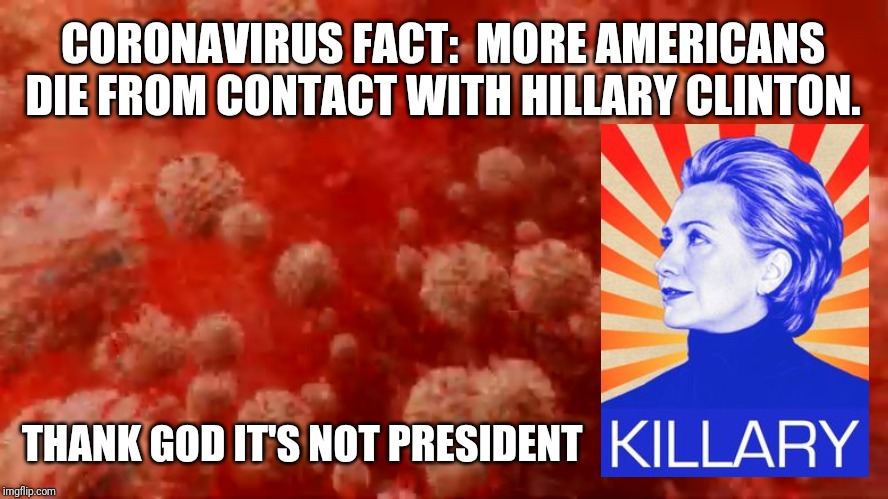 PANDEMIC PANIC? It Could Be Worse... Thank God for President Trump in 2020!#KillaryVsCoronavirus | CORONAVIRUS FACT:  MORE AMERICANS DIE FROM CONTACT WITH HILLARY CLINTON. THANK GOD IT'S NOT PRESIDENT | image tagged in coronavirus,hillary clinton,pandemic,it could be worse,the great awakening,trump 2020 | made w/ Imgflip meme maker
