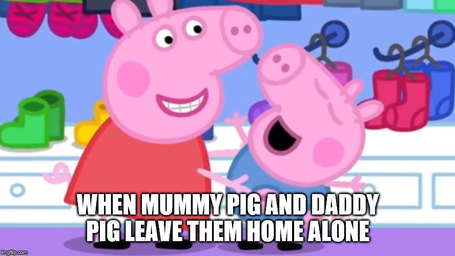 Peppa ang george be popping | WHEN MUMMY PIG AND DADDY PIG LEAVE THEM HOME ALONE | image tagged in peppa ang george be popping | made w/ Imgflip meme maker