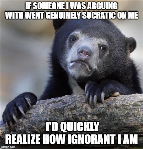 Confession Bear Meme | IF SOMEONE I WAS ARGUING WITH WENT GENUINELY SOCRATIC ON ME; I'D QUICKLY REALIZE HOW IGNORANT I AM | image tagged in memes,confession bear,AdviceAnimals | made w/ Imgflip meme maker