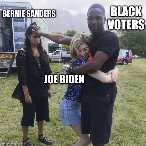 Bidens comeback | BLACK VOTERS; BERNIE SANDERS; JOE BIDEN | image tagged in black democrats,biden,bernie,democratic primary | made w/ Imgflip meme maker