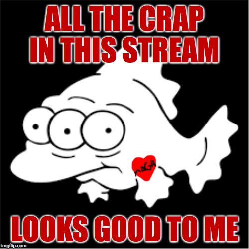 ALL THE CRAP IN THIS STREAM; LOOKS GOOD TO ME | image tagged in three-eyed fish,memes,maga,politics,yumyum | made w/ Imgflip meme maker