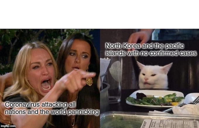 Woman Yelling At Cat | North Korea and the pacific islands with no confirmed cases; Coronavirus attacking all nations and the world pannicking | image tagged in memes,woman yelling at cat | made w/ Imgflip meme maker