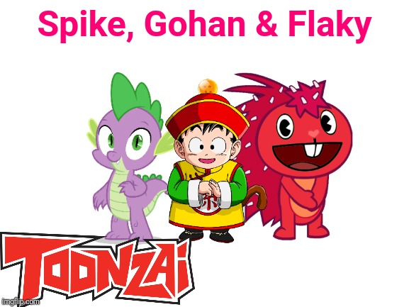 Spike, Gohan & Flaky (HTF Crossover) | Spike, Gohan & Flaky | image tagged in blank white template,happy tree friends,gohan,toonzai,my little pony | made w/ Imgflip meme maker