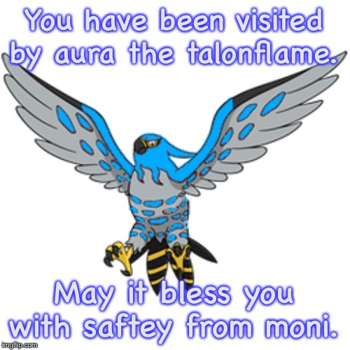 You have been visited by aura the talonflame. May it bless you with saftey from moni. | image tagged in aura the talonflame | made w/ Imgflip meme maker