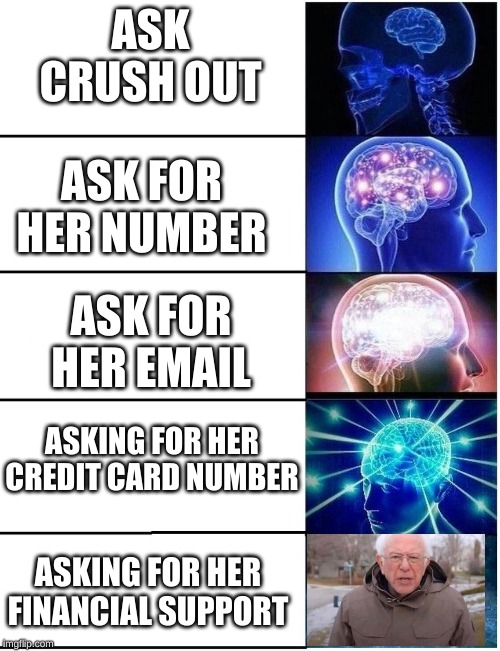 Expanding Brain 5 Panel | ASK CRUSH OUT; ASK FOR HER NUMBER; ASK FOR HER EMAIL; ASKING FOR HER CREDIT CARD NUMBER; ASKING FOR HER FINANCIAL SUPPORT | image tagged in expanding brain 5 panel | made w/ Imgflip meme maker