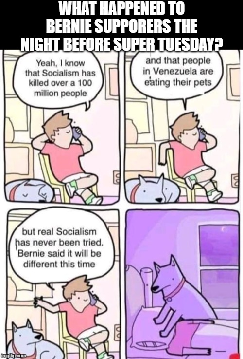 Real socialism has not been tried yet.  Bernie says it will be different this time. | WHAT HAPPENED TO BERNIE SUPPORERS THE NIGHT BEFORE SUPER TUESDAY? | image tagged in bernie sanders,democrats | made w/ Imgflip meme maker