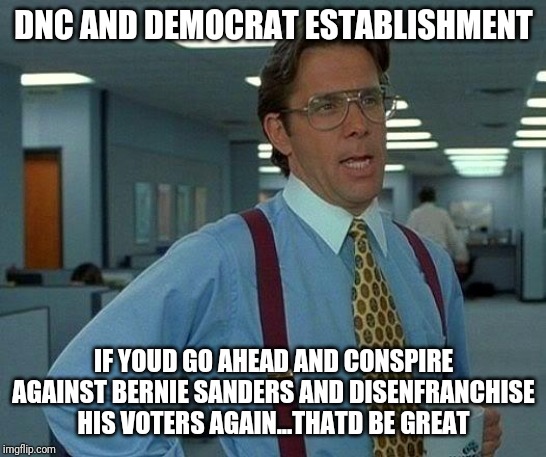 That Would Be Great Meme | DNC AND DEMOCRAT ESTABLISHMENT; IF YOUD GO AHEAD AND CONSPIRE AGAINST BERNIE SANDERS AND DISENFRANCHISE HIS VOTERS AGAIN...THATD BE GREAT | image tagged in memes,that would be great | made w/ Imgflip meme maker