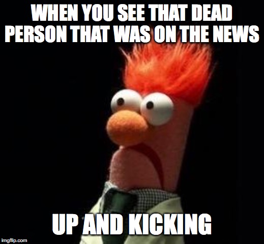 Crazy Muppet | WHEN YOU SEE THAT DEAD PERSON THAT WAS ON THE NEWS; UP AND KICKING | image tagged in crazy muppet | made w/ Imgflip meme maker