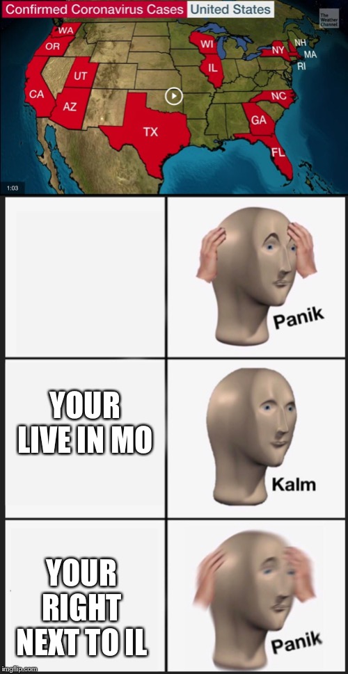 YOUR LIVE IN MO; YOUR RIGHT NEXT TO IL | image tagged in panik kalm | made w/ Imgflip meme maker
