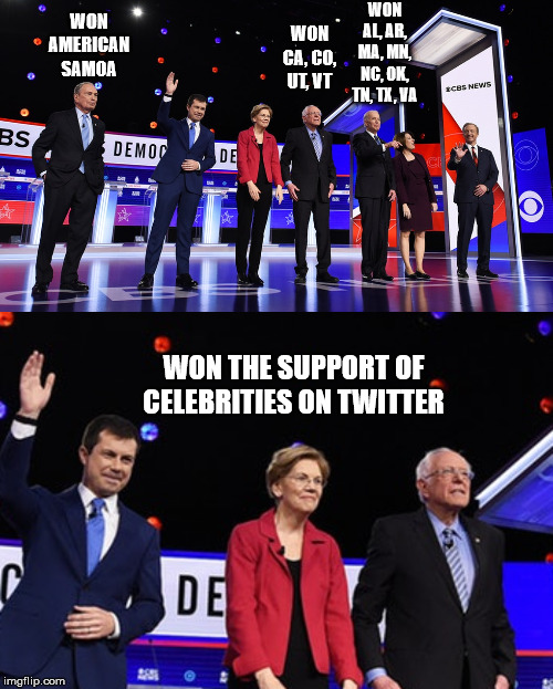 WON AL, AR, MA, MN, NC, OK, TN, TX, VA; WON AMERICAN SAMOA; WON CA, CO, UT, VT; WON THE SUPPORT OF CELEBRITIES ON TWITTER | image tagged in elizabeth warren,joe biden,bernie sanders,michael bloomberg | made w/ Imgflip meme maker