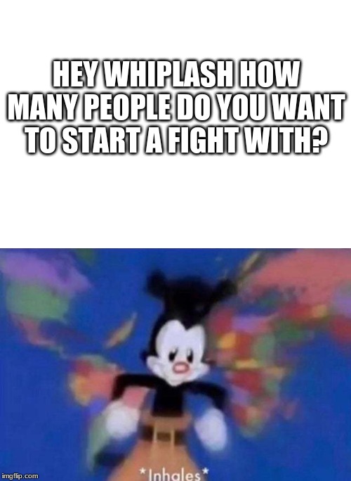 HEY WHIPLASH HOW MANY PEOPLE DO YOU WANT TO START A FIGHT WITH? | image tagged in blank white template,inhales | made w/ Imgflip meme maker