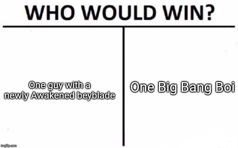 Who Would Win? Meme | One Big Bang Boi; One guy with a newly Awakened beyblade | image tagged in memes,who would win | made w/ Imgflip meme maker