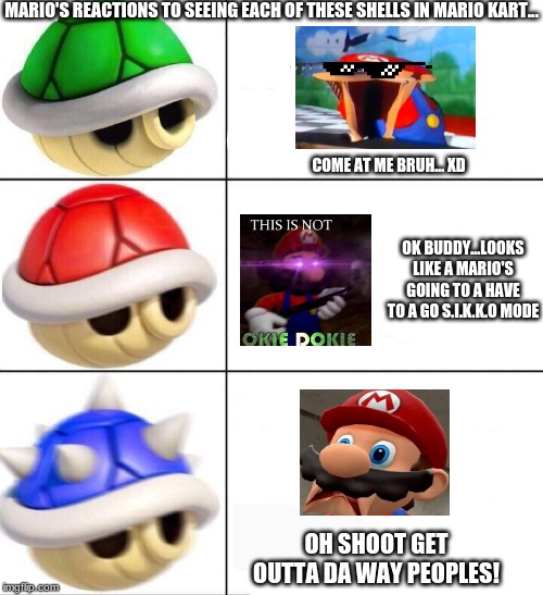Mario Reaction to Shells Meme | MARIO'S REACTIONS TO SEEING EACH OF THESE SHELLS IN MARIO KART... COME AT ME BRUH... XD; OK BUDDY...LOOKS LIKE A MARIO'S GOING TO A HAVE TO A GO S.I.K.K.O MODE; OH SHOOT GET OUTTA DA WAY PEOPLES! | image tagged in mario kart shells,mario,funny memes | made w/ Imgflip meme maker