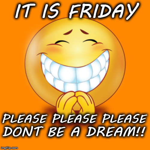 FRIDAY!! | IT IS FRIDAY; PLEASE PLEASE PLEASE; DONT BE A DREAM!! | image tagged in funny meme | made w/ Imgflip meme maker