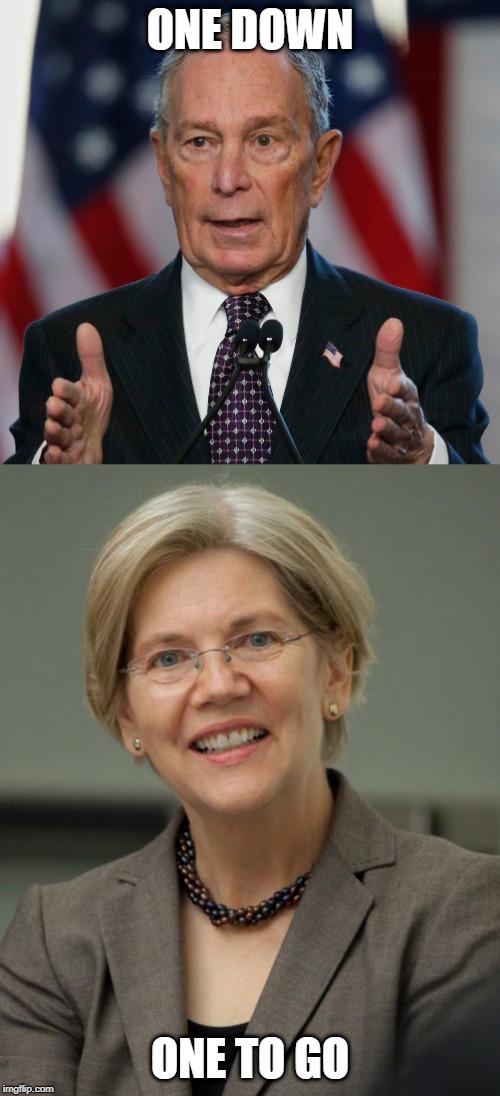 Liz??? | ONE DOWN; ONE TO GO | image tagged in elizabeth warren,mike bloomberg | made w/ Imgflip meme maker