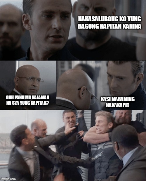 Captain america elevator | NAKASALUBONG KO YUNG BAGONG KAPITAN KANINA; OHH PANU MO NALAMAN NA SYA YUNG KAPITAN? KASI MARAMING NAKAKAPIT | image tagged in captain america elevator | made w/ Imgflip meme maker