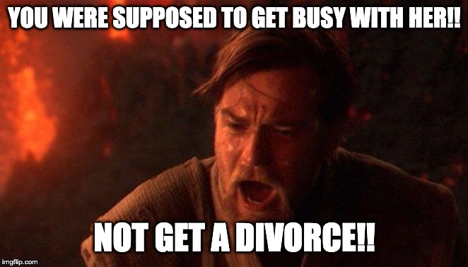 You were the married one! | YOU WERE SUPPOSED TO GET BUSY WITH HER!! NOT GET A DIVORCE!! | image tagged in memes,you were the chosen one star wars | made w/ Imgflip meme maker