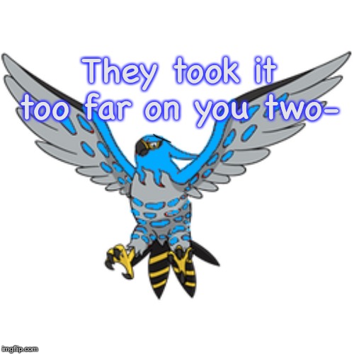 They took it too far on you two- | image tagged in aura the talonflame | made w/ Imgflip meme maker