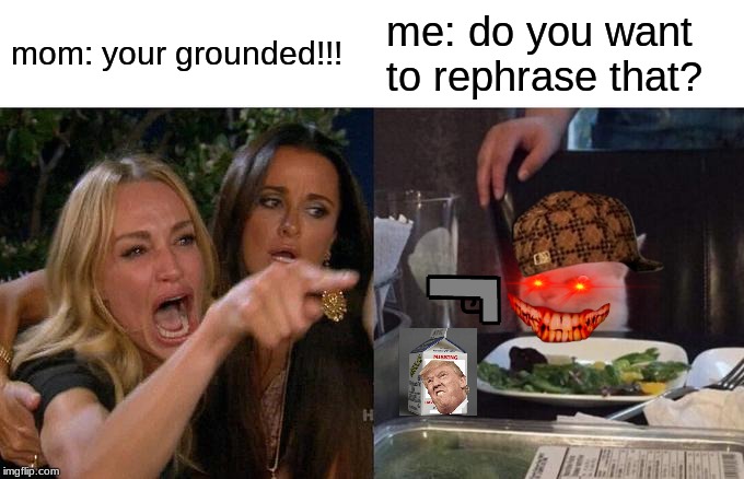 Woman Yelling At Cat | mom: your grounded!!! me: do you want to rephrase that? | image tagged in memes,woman yelling at cat | made w/ Imgflip meme maker