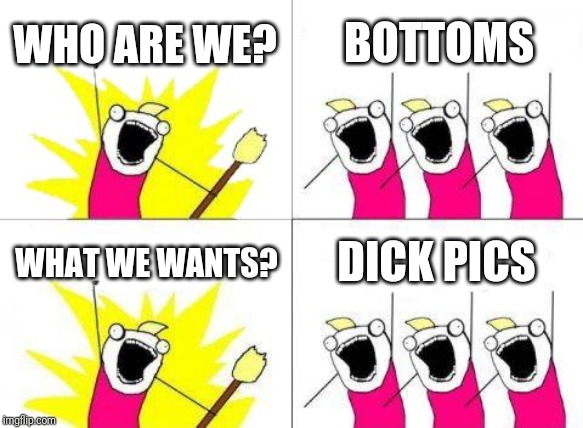 What Do We Want Meme | WHO ARE WE? BOTTOMS; WHAT WE WANTS? DICK PICS | image tagged in memes,what do we want | made w/ Imgflip meme maker