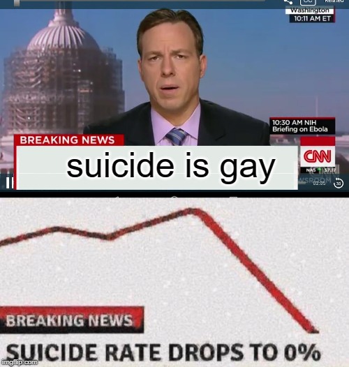 suicide is gay | suicide is gay | image tagged in cnn breaking news template,suicide rates drop,suicide,funny,memes,breaking news | made w/ Imgflip meme maker