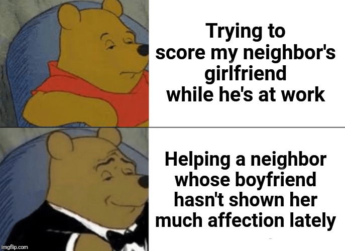 The second one doesn't seem so bad | Trying to score my neighbor's girlfriend while he's at work; Helping a neighbor whose boyfriend hasn't shown her much affection lately | image tagged in tuxedo winnie the pooh,flirting,naughty,lol | made w/ Imgflip meme maker