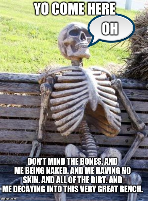 Waiting Skeleton Meme | YO COME HERE; OH; DON'T MIND THE BONES. AND ME BEING NAKED. AND ME HAVING NO SKIN. AND ALL OF THE DIRT. AND ME DECAYING INTO THIS VERY GREAT BENCH. | image tagged in memes,waiting skeleton | made w/ Imgflip meme maker