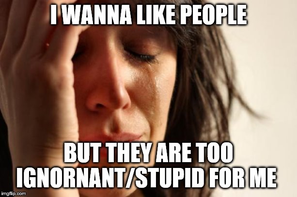Only 3% of humans are part of my interest, I am pretty hard to please | I WANNA LIKE PEOPLE; BUT THEY ARE TOO IGNORNANT/STUPID FOR ME | image tagged in memes,first world problems | made w/ Imgflip meme maker