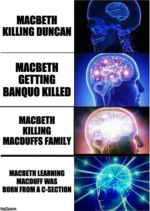 Expanding Brain Meme | MACBETH KILLING DUNCAN; MACBETH GETTING BANQUO KILLED; MACBETH KILLING MACDUFFS FAMILY; MACBETH LEARNING MACDUFF WAS BORN FROM A C-SECTION | image tagged in memes,expanding brain | made w/ Imgflip meme maker