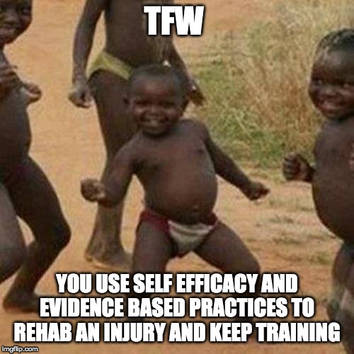 Third World Success Kid | TFW; YOU USE SELF EFFICACY AND EVIDENCE BASED PRACTICES TO REHAB AN INJURY AND KEEP TRAINING | image tagged in memes,third world success kid | made w/ Imgflip meme maker