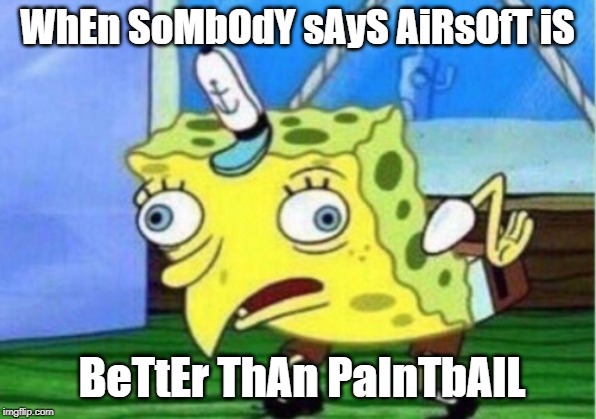 Mocking Spongebob Meme | WhEn SoMbOdY sAyS AiRsOfT iS; BeTtEr ThAn PaInTbAlL | image tagged in memes,mocking spongebob | made w/ Imgflip meme maker