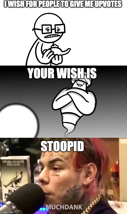 Your Wish is Stupid | I WISH FOR PEOPLE TO GIVE ME UPVOTES; YOUR WISH IS; STOOPID | image tagged in your wish is stupid,memes,stoopid | made w/ Imgflip meme maker