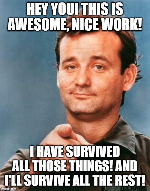 Bill Murray You're Awesome | HEY YOU! THIS IS AWESOME, NICE WORK! I HAVE SURVIVED ALL THOSE THINGS! AND I'LL SURVIVE ALL THE REST! | image tagged in bill murray you're awesome | made w/ Imgflip meme maker