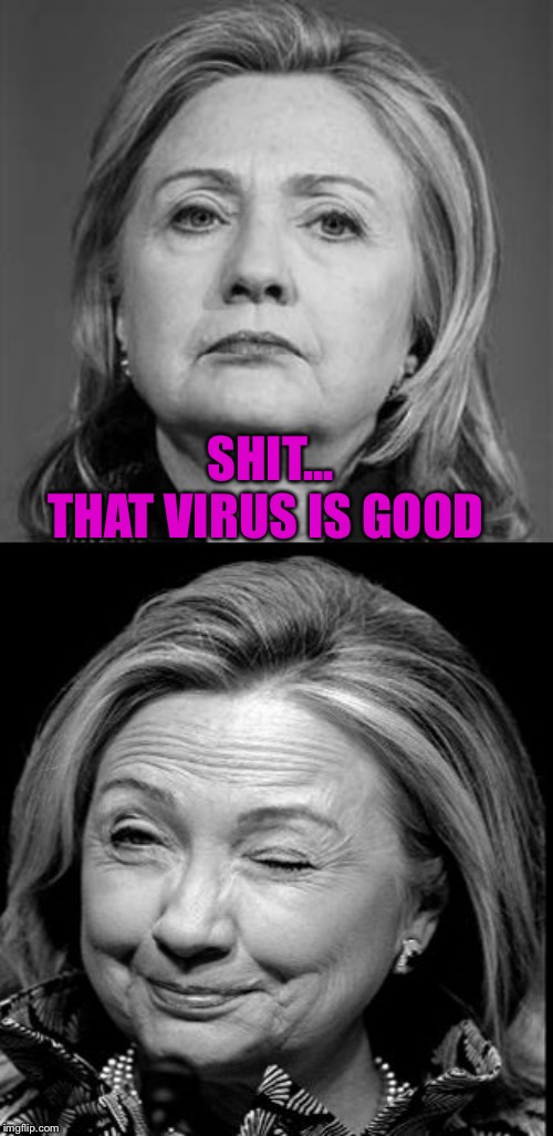 Hillary Winking | SHIT...
THAT VIRUS IS GOOD | image tagged in hillary winking | made w/ Imgflip meme maker