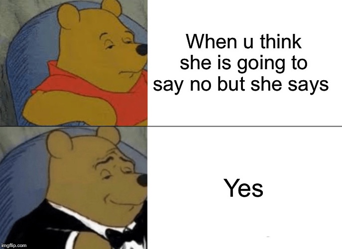 Tuxedo Winnie The Pooh | When u think she is going to say no but she says; Yes | image tagged in memes,tuxedo winnie the pooh | made w/ Imgflip meme maker