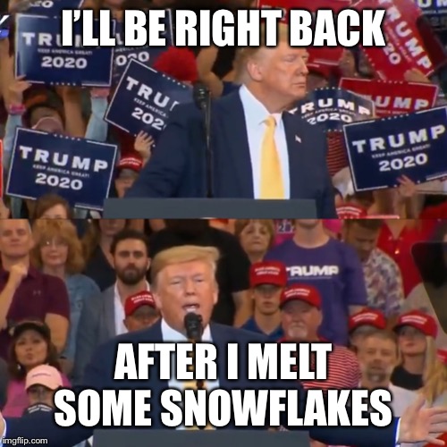 Trump MAGA rally | I’LL BE RIGHT BACK AFTER I MELT SOME SNOWFLAKES | image tagged in trump maga rally | made w/ Imgflip meme maker