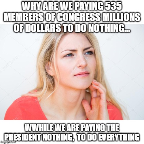 things that make you go "Hmmm." | WHY ARE WE PAYING 535 MEMBERS OF CONGRESS MILLIONS OF DOLLARS TO DO NOTHING... WWHILE WE ARE PAYING THE PRESIDENT NOTHING,  TO DO EVERYTHING | image tagged in thinking woman,paying congress,trump salary | made w/ Imgflip meme maker