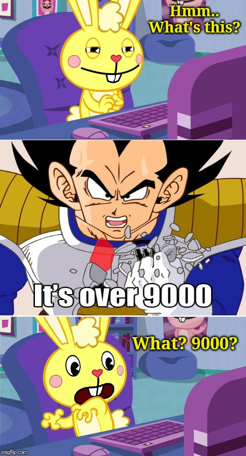 Cuddles Saw Something Meme (HTF) | Hmm.. What's this? What? 9000? | image tagged in cuddles saw something meme htf,its over 9000,vegeta,happy tree friends,memes | made w/ Imgflip meme maker