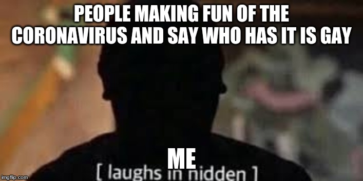 Laughs in Hidden | PEOPLE MAKING FUN OF THE CORONAVIRUS AND SAY WHO HAS IT IS GAY; ME | image tagged in laughs in hidden | made w/ Imgflip meme maker