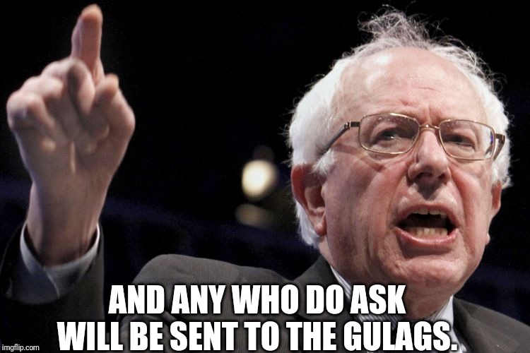 Bernie Sanders | AND ANY WHO DO ASK WILL BE SENT TO THE GULAGS. | image tagged in bernie sanders | made w/ Imgflip meme maker