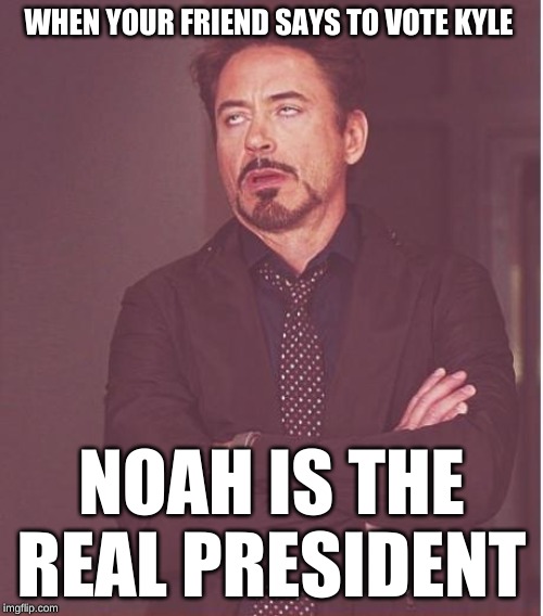 Face You Make Robert Downey Jr | WHEN YOUR FRIEND SAYS TO VOTE KYLE; NOAH IS THE REAL PRESIDENT | image tagged in memes,face you make robert downey jr | made w/ Imgflip meme maker