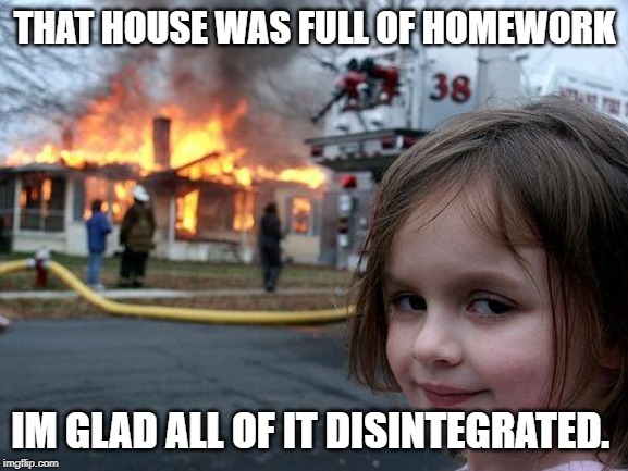 Disaster Girl Meme | THAT HOUSE WAS FULL OF HOMEWORK; IM GLAD ALL OF IT DISINTEGRATED. | image tagged in memes,disaster girl | made w/ Imgflip meme maker