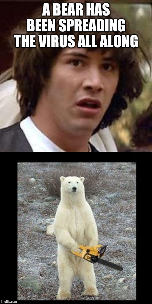 A BEAR HAS BEEN SPREADING THE VIRUS ALL ALONG | image tagged in memes,conspiracy keanu,chainsaw bear | made w/ Imgflip meme maker