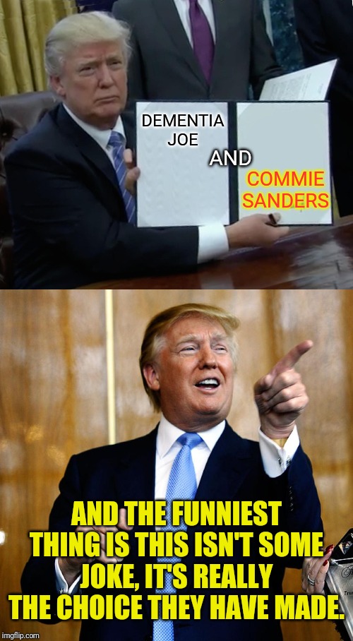 The Democrats Have Made The Choice And It's | AND; COMMIE SANDERS; DEMENTIA JOE; AND THE FUNNIEST THING IS THIS ISN'T SOME JOKE, IT'S REALLY THE CHOICE THEY HAVE MADE. | image tagged in donal trump birthday,memes,trump bill signing,election 2020,trump 2020,political meme | made w/ Imgflip meme maker