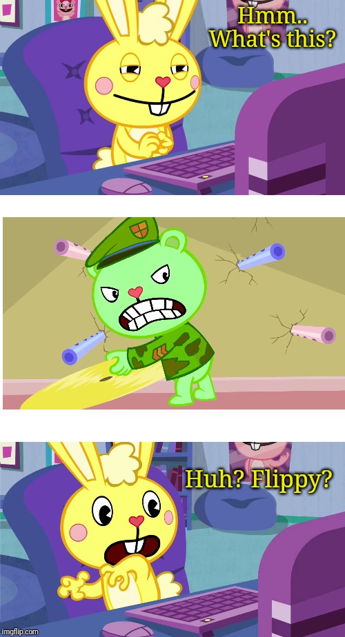 Cuddles Saw Flippy (HTF) | Hmm.. What's this? Huh? Flippy? | image tagged in cuddles saw something meme htf,happy tree friends,animation,memes | made w/ Imgflip meme maker