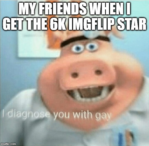 I diagnose you with gay | MY FRIENDS WHEN I GET THE 6K IMGFLIP STAR | image tagged in i diagnose you with gay | made w/ Imgflip meme maker