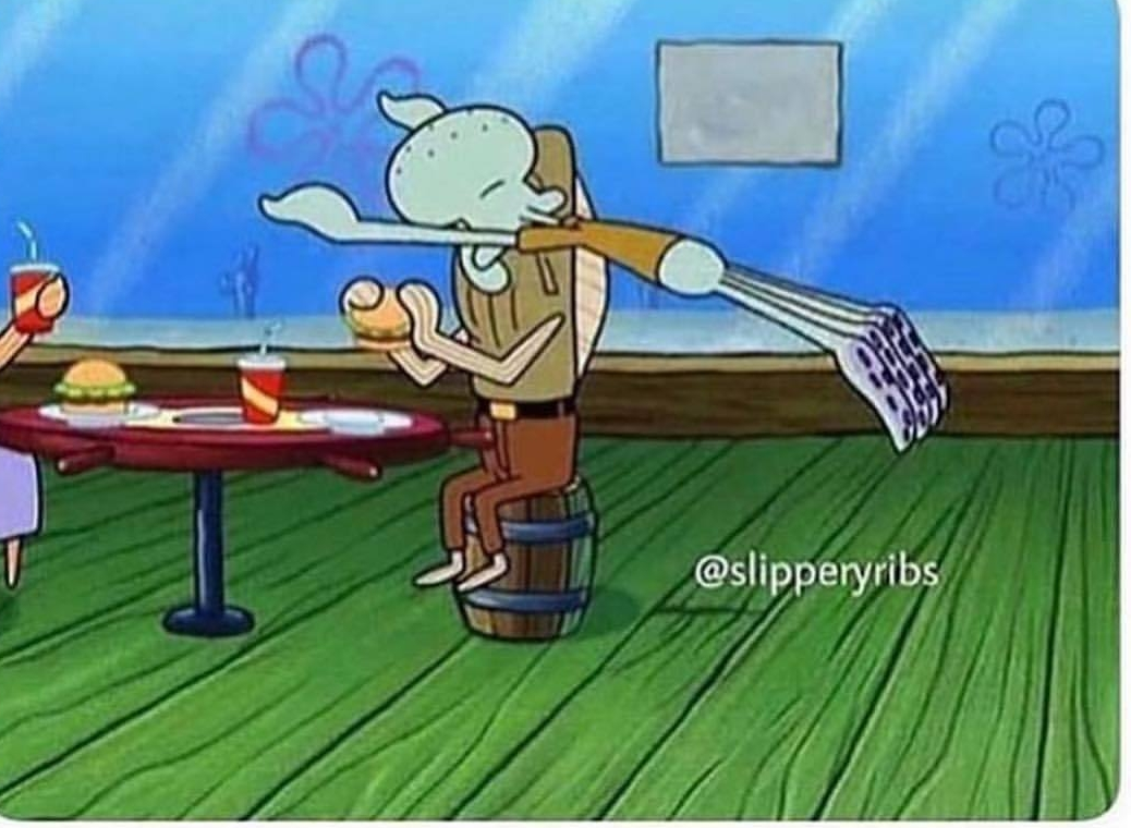 Squidward jumping on table Blank Meme Template