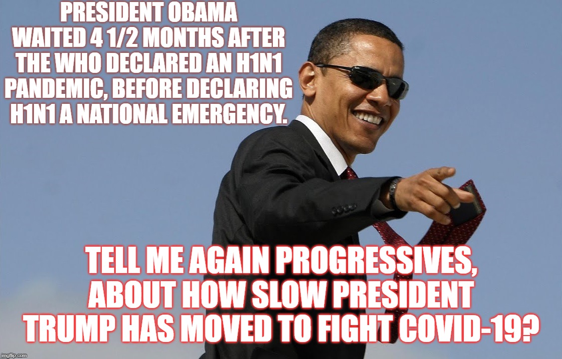I'm not an expert, because after all, I'm not an actor, but the Dems seem to have been a little less strict with president Obama | PRESIDENT OBAMA WAITED 4 1/2 MONTHS AFTER THE WHO DECLARED AN H1N1 PANDEMIC, BEFORE DECLARING H1N1 A NATIONAL EMERGENCY. TELL ME AGAIN PROGRESSIVES, ABOUT HOW SLOW PRESIDENT TRUMP HAS MOVED TO FIGHT COVID-19? | image tagged in president trump,president obama,coronavirus,trump 2020 landslide,covid-19 | made w/ Imgflip meme maker