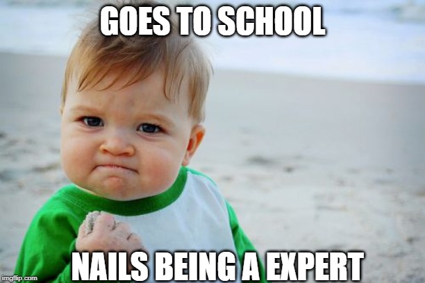 Success Kid Original Meme | GOES TO SCHOOL; NAILS BEING A EXPERT | image tagged in memes,success kid original | made w/ Imgflip meme maker